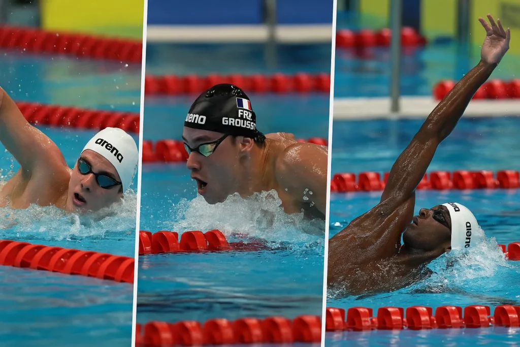 Léon Marchand, Maxime Grousset, et Yohann Ndoye-Brouard en action